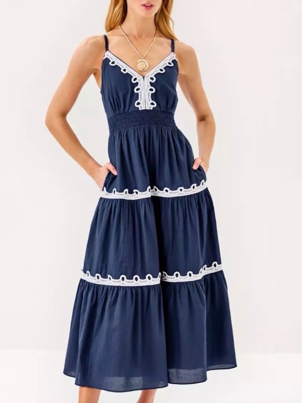 Lilly Pulitzer Smocked Navy Midi Dress with White Eyelet Trim
Size 6